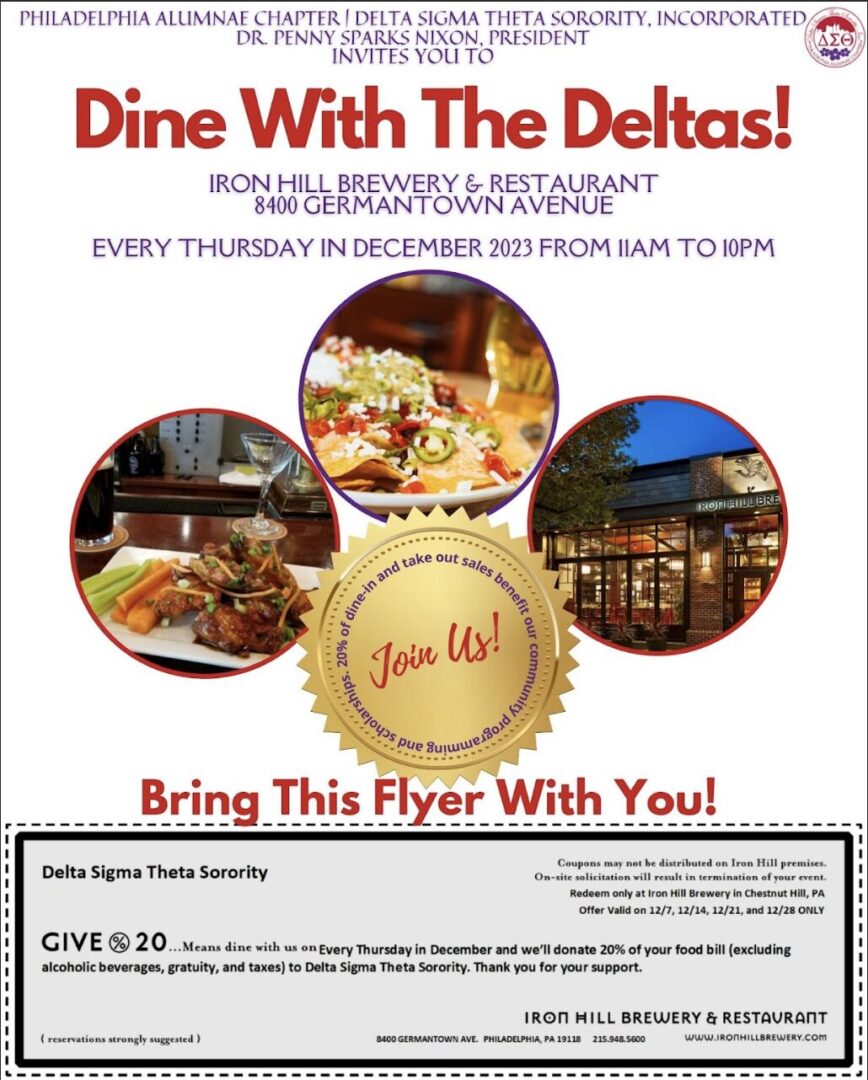Flyer for 'Dine With The Deltas!' event at Royal Blue Butterfly Restaurant.
